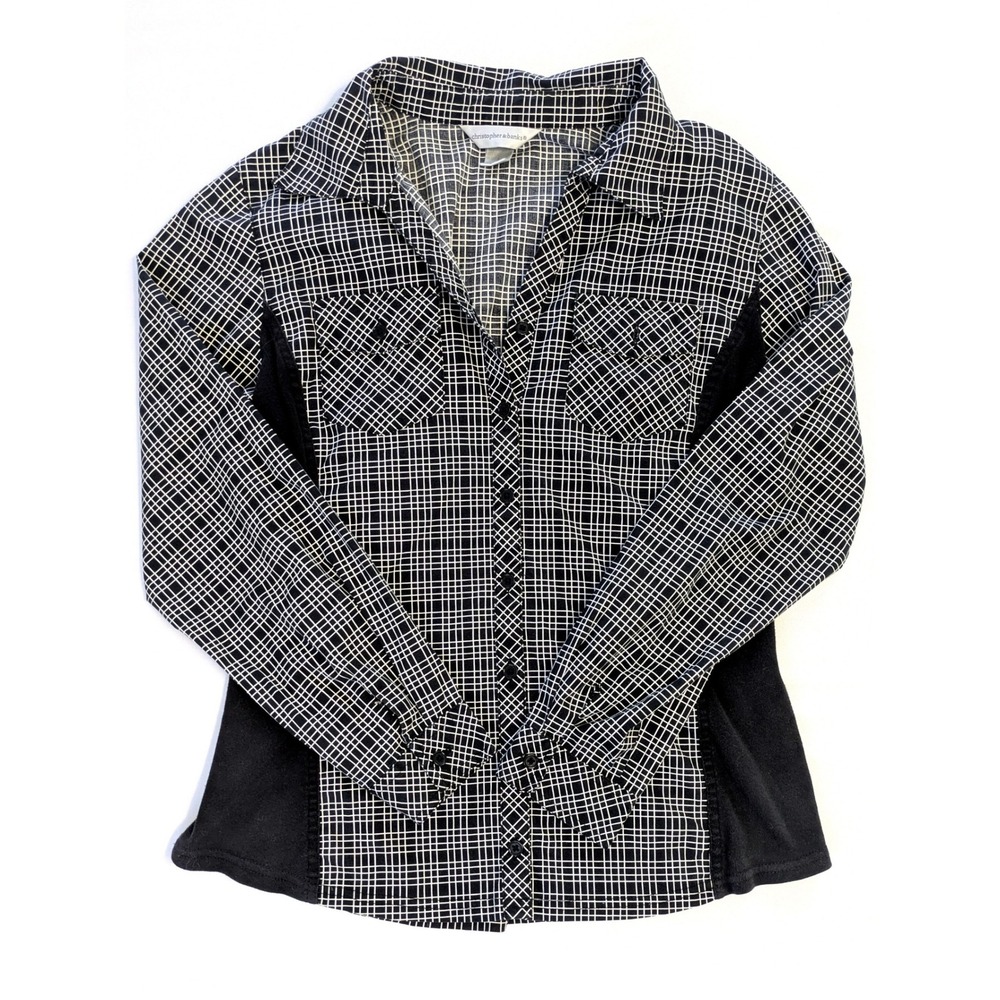 Christopher & Banks Black White Grid Button Down Shirt Small Mixed Media Top